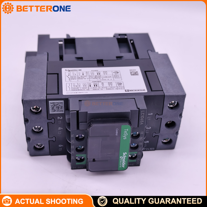 Schneider Electric LC1D65ABNE TeSys Deca IEC Contactor, 3P (3NO), AC-3/AC-3e 65A Up to 440V, AC-1 80A, Wide-Range 24–60VAC/DC Electronic Coil, EverLink BTR Terminals, Built-In 1NO+1NC Aux (Mirror NC), 30kW @ 400V, 40HP @ 480VAC, IP20
