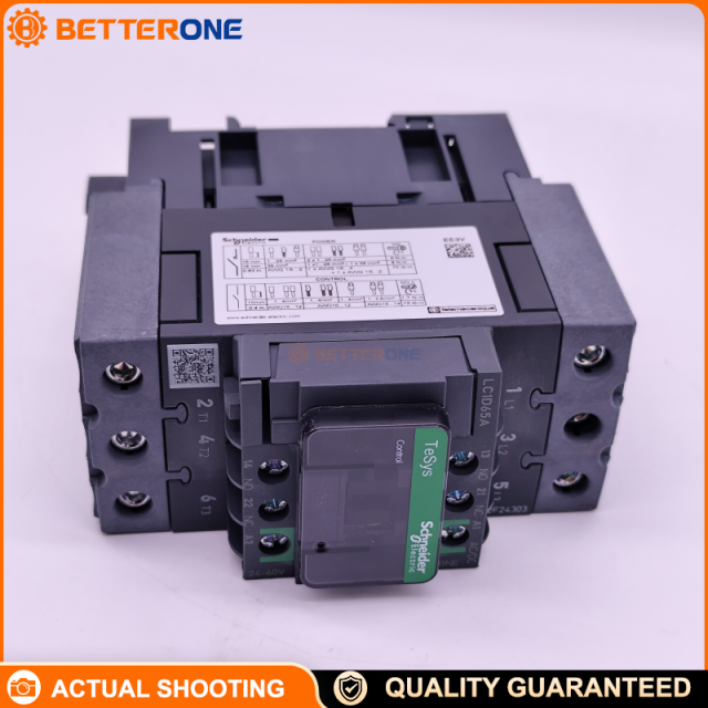 Schneider Electric LC1D65ABNE TeSys Deca IEC Contactor, 3P (3NO), AC-3/AC-3e 65A Up to 440V, AC-1 80A, Wide-Range 24–60VAC/DC Electronic Coil, EverLink BTR Terminals, Built-In 1NO+1NC Aux (Mirror NC), 30kW @ 400V, 40HP @ 480VAC, IP20
