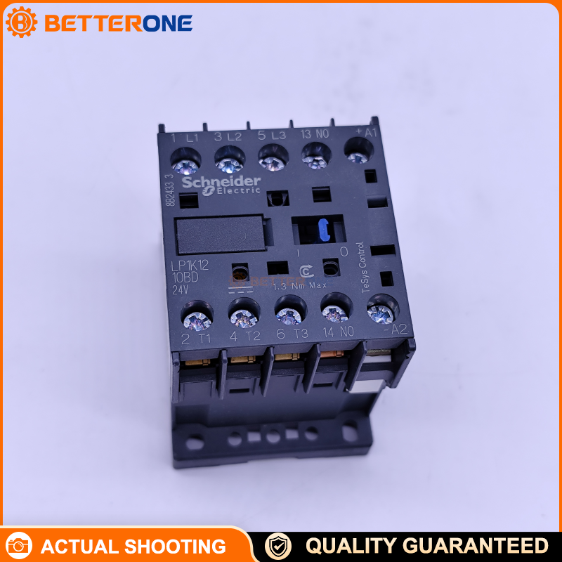 Schneider Electric LP1K1210BD TeSys K Contactor, 3P (3NO), AC-3/AC-3e ≤440VAC 12A (5.5kW @ 400VAC), 24VDC Coil (BD), Built-In 1NO Auxiliary Contact, Screw Clamp Terminals, Ue 690VAC, DIN-Rail/Panel Mount, Compact 45mm Width, Up to 600 Cycles/Hour
