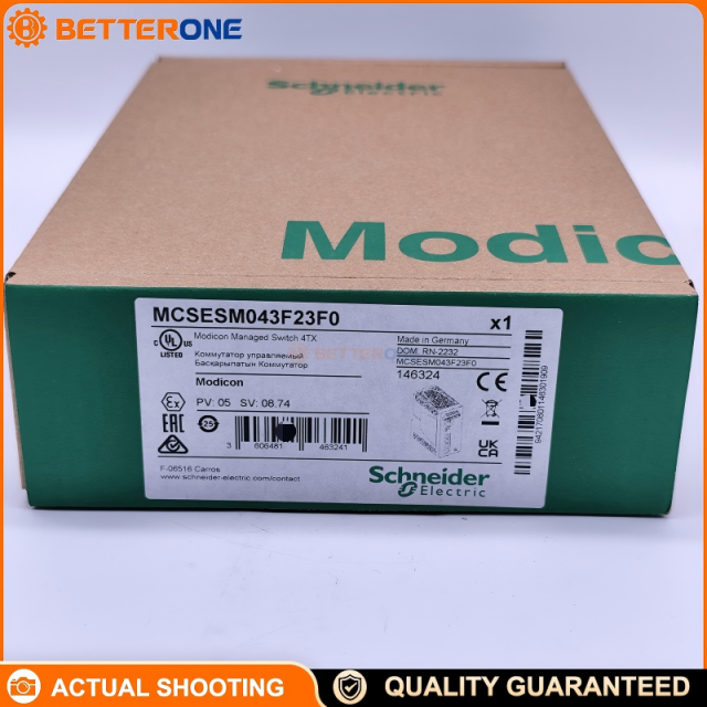 Schneider Electric MCSESM043F23F0 Modicon Managed Ethernet Switch, 4×10/100BASE-TX RJ45 Copper Ports, Transparent Ready, VLAN/QoS/IGMP Snooping, RSTP/MRP/HiPER Ring, SNMP/HTTPS/SSH Management, 12–24VDC Supply, DIN-Rail Mount, IP30
