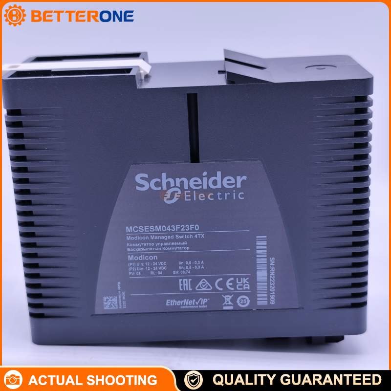 Schneider Electric MCSESM043F23F0 Modicon Managed Ethernet Switch, 4×10/100BASE-TX RJ45 Copper Ports, Transparent Ready, VLAN/QoS/IGMP Snooping, RSTP/MRP/HiPER Ring, SNMP/HTTPS/SSH Management, 12–24VDC Supply, DIN-Rail Mount, IP30