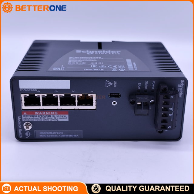 Schneider Electric MCSESM043F23F0 Modicon Managed Ethernet Switch, 4×10/100BASE-TX RJ45 Copper Ports, Transparent Ready, VLAN/QoS/IGMP Snooping, RSTP/MRP/HiPER Ring, SNMP/HTTPS/SSH Management, 12–24VDC Supply, DIN-Rail Mount, IP30