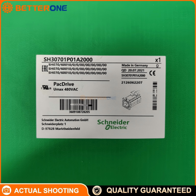 Schneider Electric SH30701P01A2000 SH3 070 Servo Motor, 1.25 N·m Continuous Stall Torque, 8000 rpm Max, Absolute Single-Turn SinCos Hiperface Encoder, 70mm Flange, Smooth Shaft No Key, No Brake, 90° Connector, IP54/IP65, 115–480V, For PacDrive 3 / Lexium