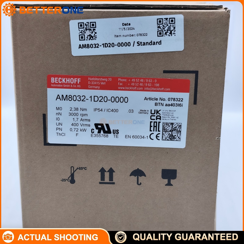 Beckhoff AM8032-1D20-0000 AM8000 Servo Motor, 2.38 Nm Standstill Torque, 0.72 kW, 3000 rpm, OCT Feedback (Absolute Encoder), 100–480 VAC