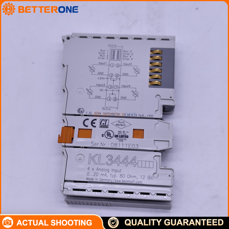Beckhoff KL3444 K-bus Analog Input Bus Terminal, 4-Channel Current Input 0…20 mA, 12-Bit Resolution, 2-Wire Single-Ended with Common Ground, Overload Detection, Electrically Isolated Measurement, Run/Error LEDs