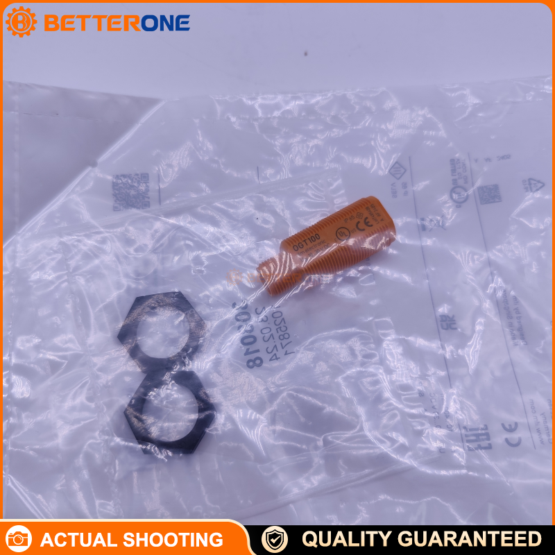 IFM OGT100 Diffuse Reflection Photoelectric Sensor, M18x1 Threaded, 10–400mm Range (White Paper 90%), Adjustable 70–400mm, Red Light 645nm, DC PNP, Light-On Mode, 10–30VDC, 200mA, 1000Hz, IP65, Potentiometer Setting, M12 Connector