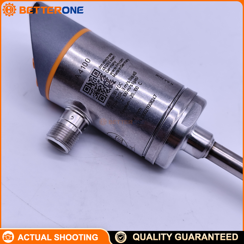 IFM SA4100 Thermal Flow Sensor with Display, Flow & Temperature Monitoring, IO-Link + 2 Switching Outputs + 1 Analog Output, 18–30VDC, Probe Length 100mm, Ø8mm Process Connection (Compression Fitting), For Water/Oils/Air, Red/Green Status Display
