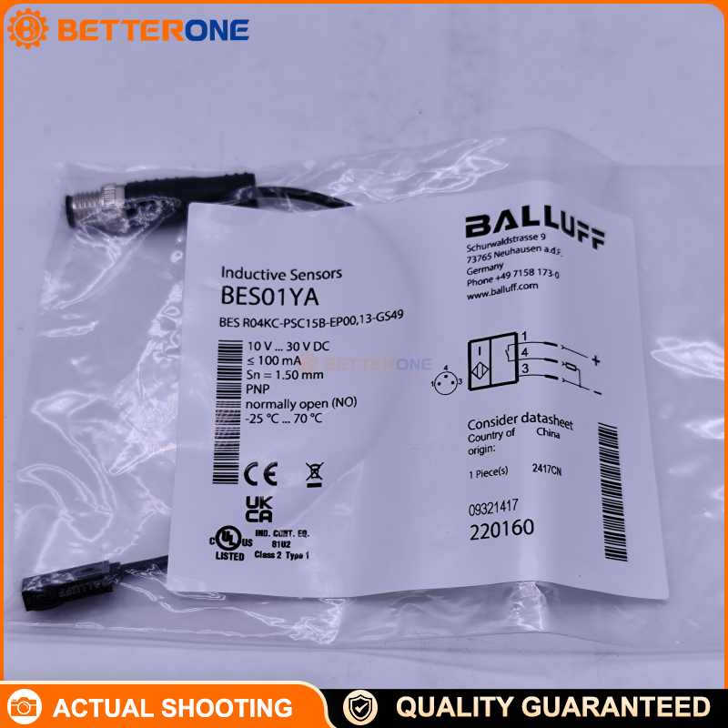 Balluff BES01YA Inductive Proximity Sensor (BES R04KC-PSC15B-EP00,13-GS49), 1.5 mm Flush Mount Detection, PNP Normally Open, 10–30 VDC, M8 3-Pin Connector, Compact 16×8×4.7 mm, IP67 Industrial