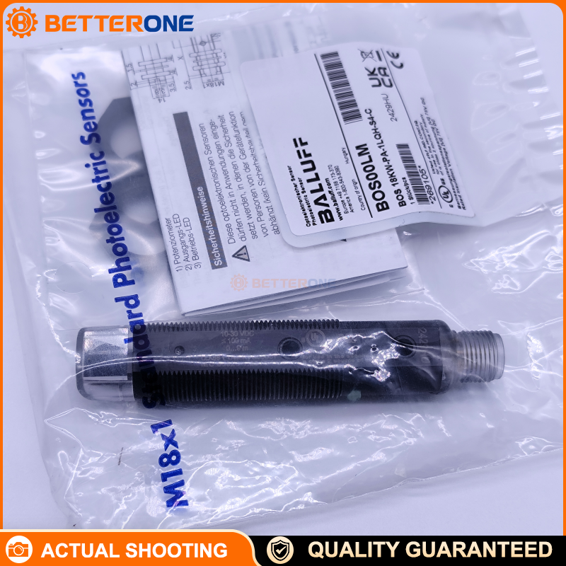 Balluff BOS18KW-PA-1LQH-S4-C Retroreflective Photoelectric Sensor (BOS00LM), Class 1 Red Laser 650nm, 9m Sensing Range, PNP NO/NC, 10–30VDC, M12 4-Pin Connector, 1500Hz, Sensitivity Potentiometer, Ø18×93.5mm