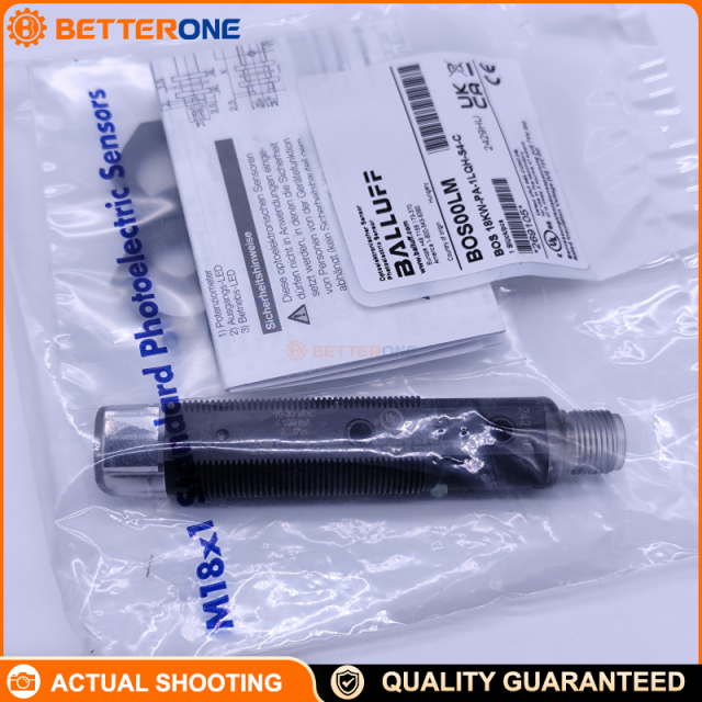 Balluff BOS18KW-PA-1LQH-S4-C Retroreflective Photoelectric Sensor (BOS00LM), Class 1 Red Laser 650nm, 9m Sensing Range, PNP NO/NC, 10–30VDC, M12 4-Pin Connector, 1500Hz, Sensitivity Potentiometer, Ø18×93.5mm