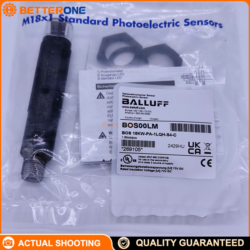 Balluff BOS18KW-PA-1LQH-S4-C Retroreflective Photoelectric Sensor (BOS00LM), Class 1 Red Laser 650nm, 9m Sensing Range, PNP NO/NC, 10–30VDC, M12 4-Pin Connector, 1500Hz, Sensitivity Potentiometer, Ø18×93.5mm