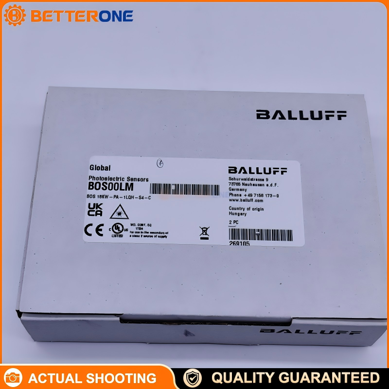 Balluff BOS18KW-PA-1LQH-S4-C Retroreflective Photoelectric Sensor (BOS00LM), Class 1 Red Laser 650nm, 9m Sensing Range, PNP NO/NC, 10–30VDC, M12 4-Pin Connector, 1500Hz, Sensitivity Potentiometer, Ø18×93.5mm