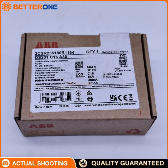 ABB 2CSR255180R1164 DS201 C16 A30 RCBO, 1P+N, C-Curve 16A, Type A 30mA RCD, 230VAC, DIN-Rail, End-Circuit Overload/Short-Circuit + Earth-Leakage Protection