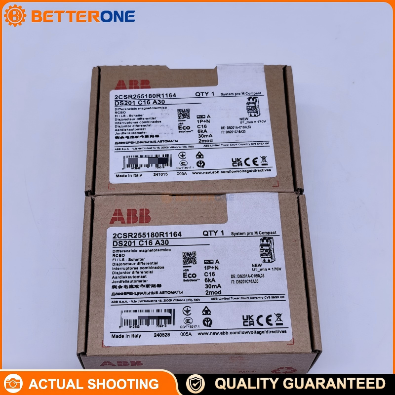 ABB 2CSR255180R1164 DS201 C16 A30 RCBO, 1P+N, C-Curve 16A, Type A 30mA RCD, 230VAC, DIN-Rail, End-Circuit Overload/Short-Circuit + Earth-Leakage Protection
