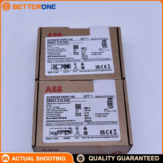 ABB 2CSR255180R1164 DS201 C16 A30 RCBO, 1P+N, C-Curve 16A, Type A 30mA RCD, 230VAC, DIN-Rail, End-Circuit Overload/Short-Circuit + Earth-Leakage Protection