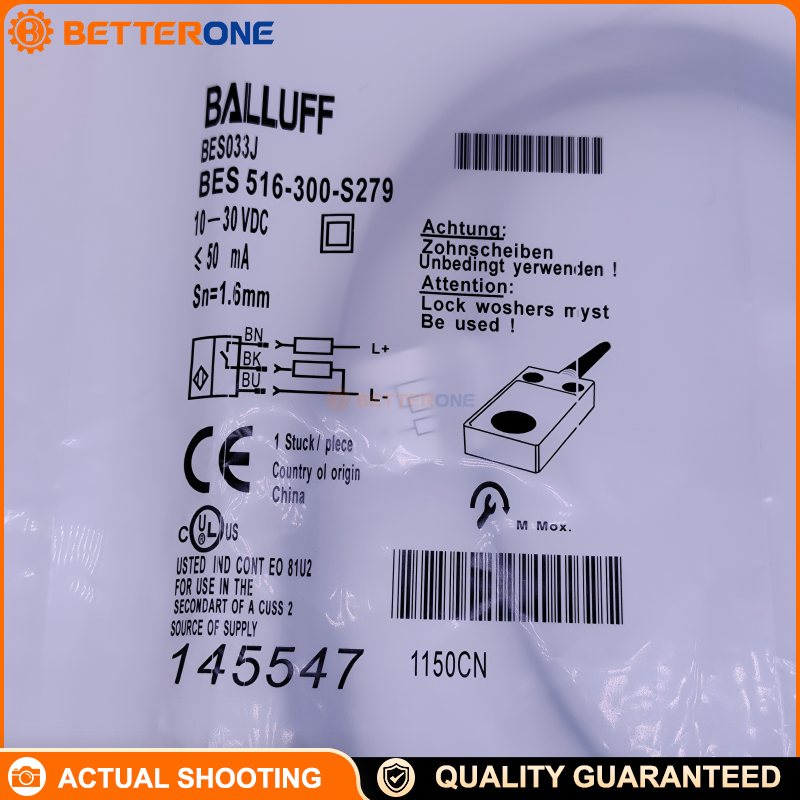 Balluff BES516-300-S279 Inductive Proximity Sensor (Order Code BES033J), Cubic 30×20×10mm Flush Mount, 2mm Range (Sn), PNP Normally Open, 10–30VDC, 1500Hz, 5m PVC Cable, Aluminum Housing, IP65