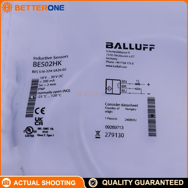 Balluff BES516-324-SA26-02 Inductive Proximity Sensor (Order Code BES02HK), M8x1 Flush Mount, 2mm Range, PNP Normally Open, 10–30VDC, 1500Hz, Stainless Steel Housing, PTFE Cable 2m, -25…120°C, IP67