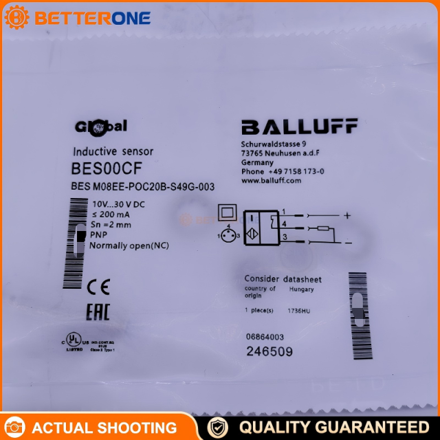 Balluff BESM08EE-POC20B-S49G-003 Inductive Proximity Sensor (Order Code BES00CF), M8x1 Ø8×40mm Flush Mount, Sn 2mm (Sa 1.6mm), PNP Normally Closed (NC), 10–30VDC, 700Hz, M8 S49 Connector, IP67, Stainless Steel