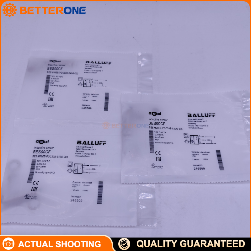 Balluff BESM08EE-POC20B-S49G-003 Inductive Proximity Sensor (Order Code BES00CF), M8x1 Ø8×40mm Flush Mount, Sn 2mm (Sa 1.6mm), PNP Normally Closed (NC), 10–30VDC, 700Hz, M8 S49 Connector, IP67, Stainless Steel
