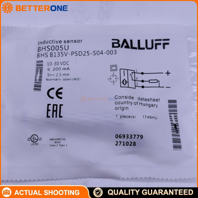Balluff BHS-B135V-PSD25-S04-003 Pressure-Rated Inductive Proximity Sensor (BHS005U), M12x1 Flush Mount, 2.5mm Range, PNP NO, 10–30VDC, 400Hz, 500bar, Ceramic Sensing Face, Stainless Housing, M12 4-Pin