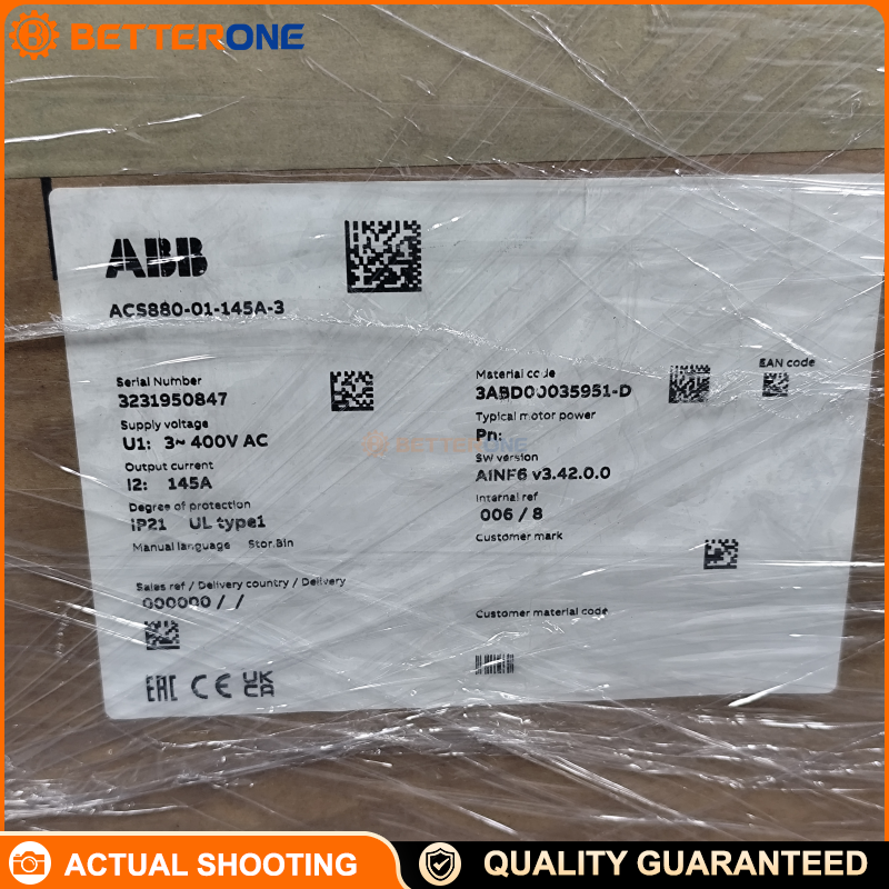ABB ACS880-01-145A-3 Industrial VFD, wall-mounted single drive, 3-phase 380–415V, 145A, up to 75 kW, IP21, for motor speed control & energy saving in pumps, fans, conveyors, mixers, cranes, etc.