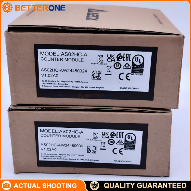 Delta AS02HC-A High-Speed Counter Module for AS & AX-3 PLC, 2-channel encoder input, incremental A/B/Z up to 200kHz, SSI (CLK/DATA) up to 1.25MHz, 4 open-collector outputs Y0.0–Y0.3 (5–30VDC), DIN-rail mount.