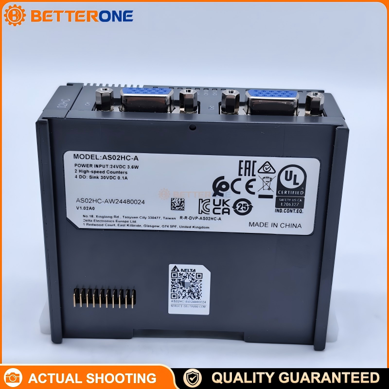 Delta AS02HC-A High-Speed Counter Module for AS & AX-3 PLC, 2-channel encoder input, incremental A/B/Z up to 200kHz, SSI (CLK/DATA) up to 1.25MHz, 4 open-collector outputs Y0.0–Y0.3 (5–30VDC), DIN-rail mount.