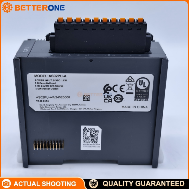 Delta AS02PU-A AS Series PLC 2-Axis Positioning Pulse Output Module, 200kHz Differential Pulse Outputs, 5VDC 20mA, A/B/Z Differential Encoder Input, 24VDC DI, DIN-Rail Mount
