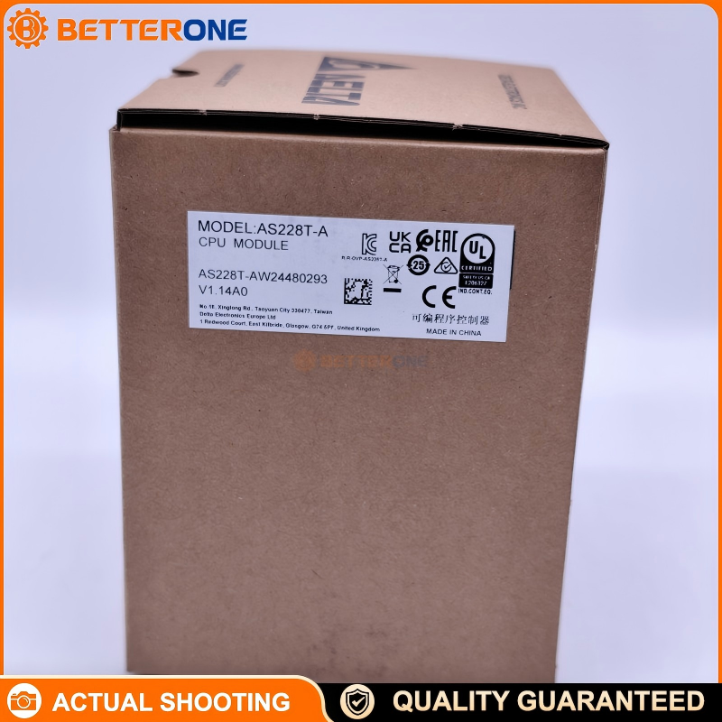 Delta AS228T-A AS200 PLC CPU with 16DI + 12DO, NPN sinking transistor outputs, 110–240VAC, DIN-rail. Built-in Ethernet, 2×RS-485, USB, CANopen; supports Micro SD; expandable up to 32 modules.