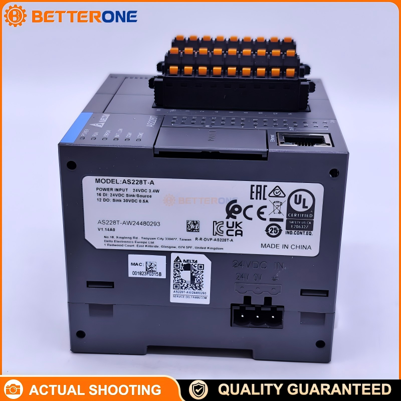 Delta AS228T-A AS200 PLC CPU with 16DI + 12DO, NPN sinking transistor outputs, 110–240VAC, DIN-rail. Built-in Ethernet, 2×RS-485, USB, CANopen; supports Micro SD; expandable up to 32 modules.