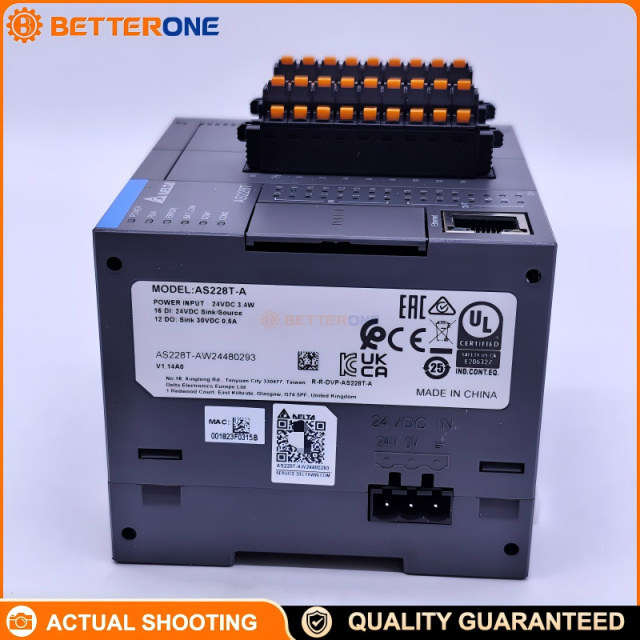 Delta AS228T-A AS200 PLC CPU with 16DI + 12DO, NPN sinking transistor outputs, 110–240VAC, DIN-rail. Built-in Ethernet, 2×RS-485, USB, CANopen; supports Micro SD; expandable up to 32 modules.