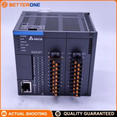 Delta AS228T-A AS200 PLC CPU with 16DI + 12DO, NPN sinking transistor outputs, 110–240VAC, DIN-rail. Built-in Ethernet, 2×RS-485, USB, CANopen; supports Micro SD; expandable up to 32 modules.