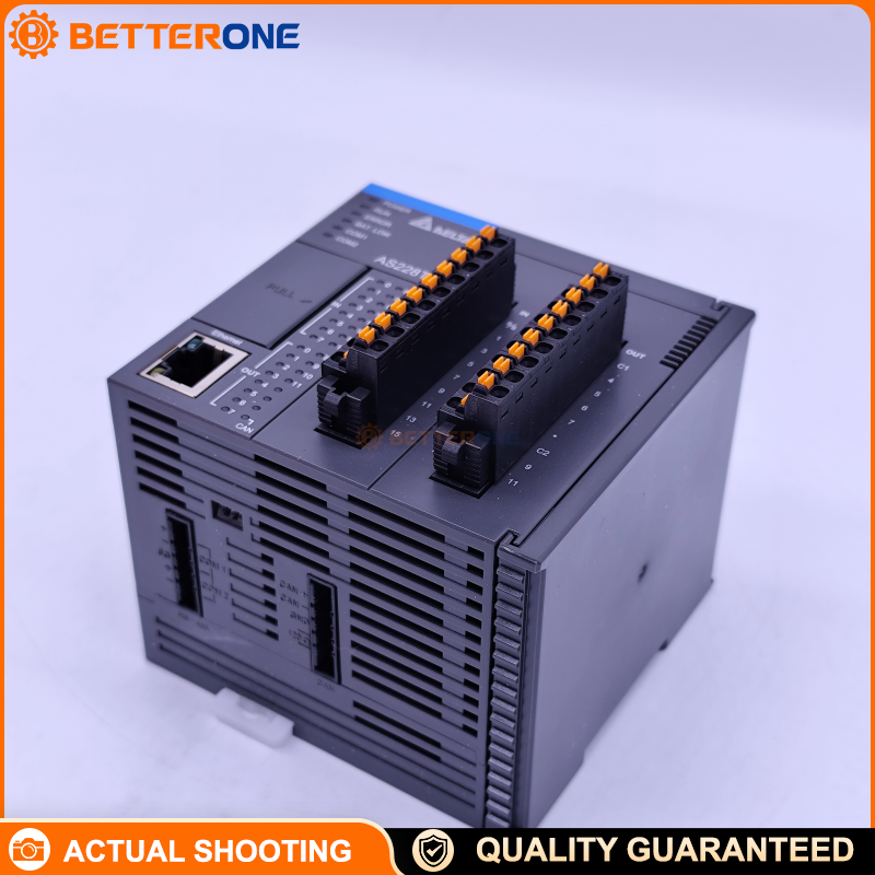 Delta AS228T-A AS200 PLC CPU with 16DI + 12DO, NPN sinking transistor outputs, 110–240VAC, DIN-rail. Built-in Ethernet, 2×RS-485, USB, CANopen; supports Micro SD; expandable up to 32 modules.