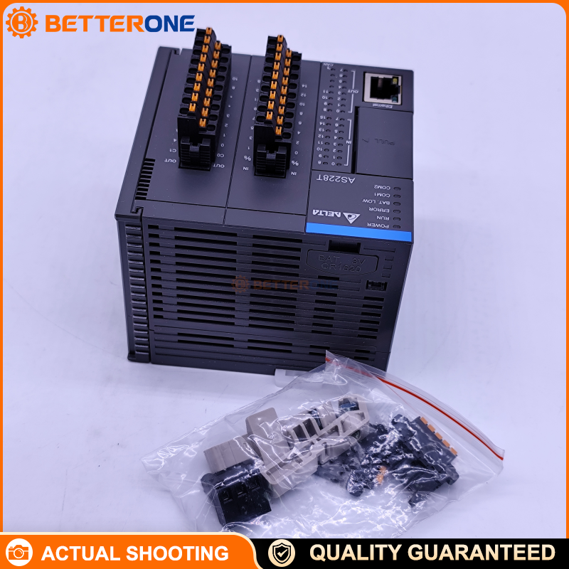 Delta AS228T-A AS200 PLC CPU with 16DI + 12DO, NPN sinking transistor outputs, 110–240VAC, DIN-rail. Built-in Ethernet, 2×RS-485, USB, CANopen; supports Micro SD; expandable up to 32 modules.