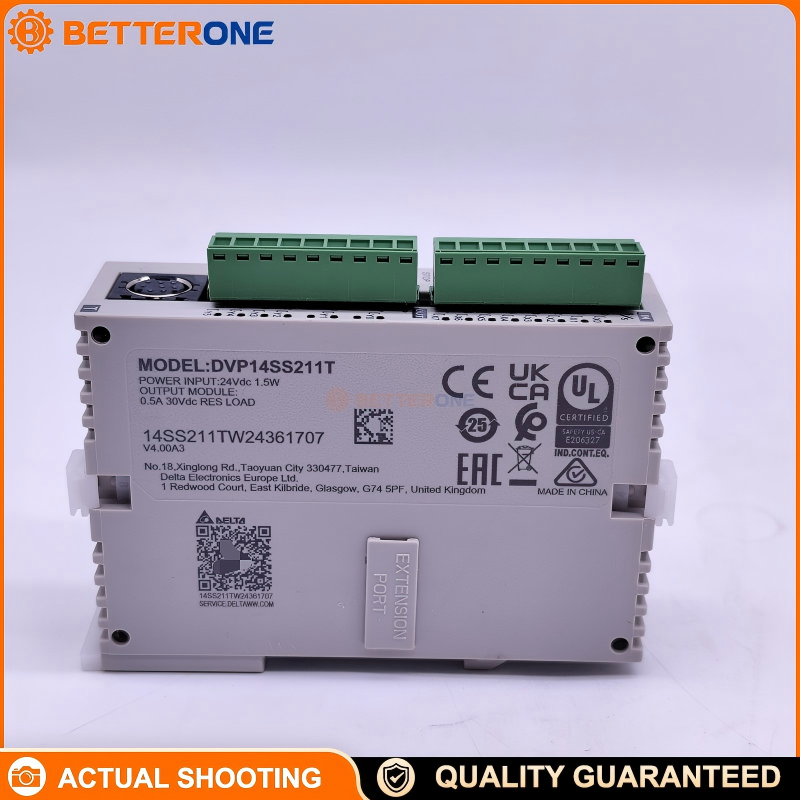 Delta DVP14SS211T DVP-SS2 Slim PLC CPU, 24VDC, 14 I/O (8DI+6DO), NPN sinking transistor outputs, built-in RS-232 & RS-485 (Modbus), 8K steps program capacity, DIN-rail mounting.