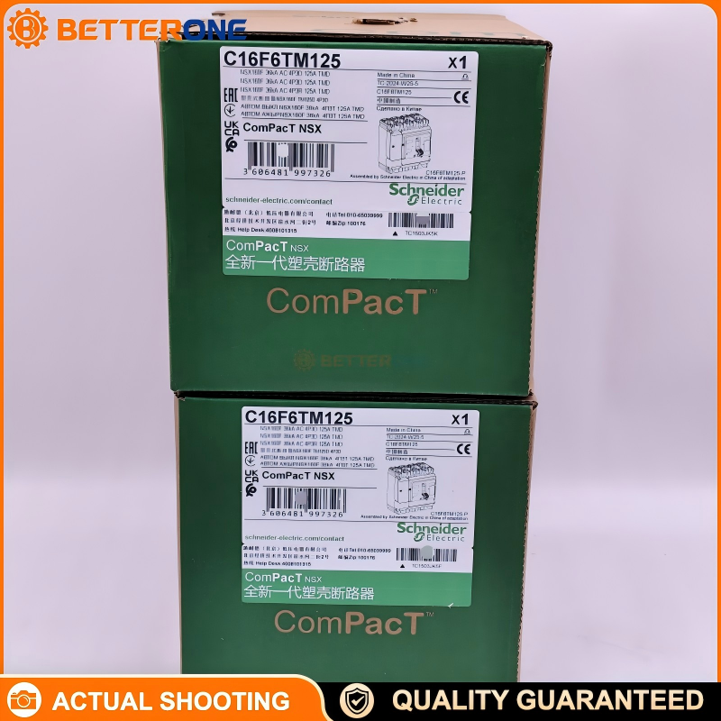 Schneider Electric C16F6TM125 ComPacT NSX160F MCCB, 36kA at 415VAC, TMD thermal-magnetic trip, 125A, 4P 3D (neutral not protected), for power distribution protection.