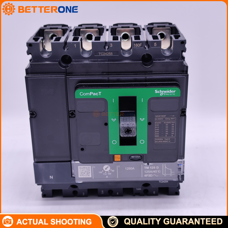 Schneider Electric C16F6TM125 ComPacT NSX160F MCCB, 36kA at 415VAC, TMD thermal-magnetic trip, 125A, 4P 3D (neutral not protected), for power distribution protection.