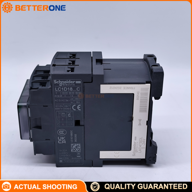 Schneider Electric LC1D18BDC TeSys D Contactor, 3P (3NO), AC-3 18A (≤440V), 24VDC coil, built-in 1NO+1NC auxiliary contact, DIN-rail/plate mounting, for motor control and industrial panels