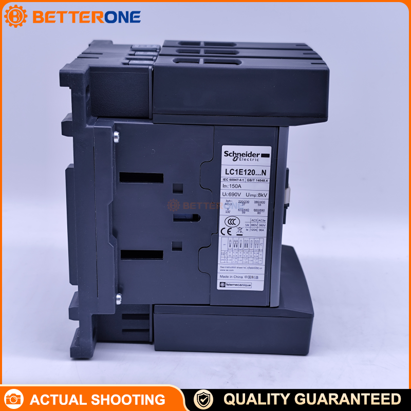 Schneider Electric LC1E120F5N Easy TeSys Control Motor Contactor, 3P (3NO), AC-3 120A ≤440V, 110VAC 50Hz coil, built-in 1NO+1NC auxiliaries, screw clamp terminals, DIN-rail/plate mounting (motor power up to 59kW @ 440V).