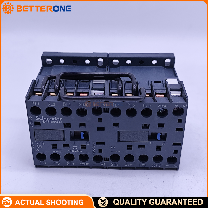 Schneider Electric LP2K1201BD TeSys K Reversing Contactor, 3P (3NO), AC-3 ≤440V 12A, 24VDC coil, 1NC auxiliary, screw terminals, DIN-rail/plate mount, for motor forward/reverse control