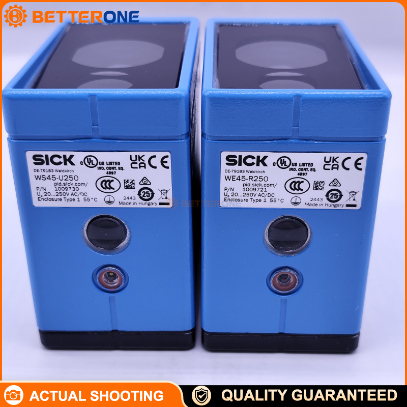 SICK 1010994 (WS/WE45-R250) W45 Through-beam Photoelectric Sensor, 0–350 m max range, infrared LED, relay output (change-over contacts), 20–250 VAC/DC supply, metal housing, IP67, terminal connection PG13.5
