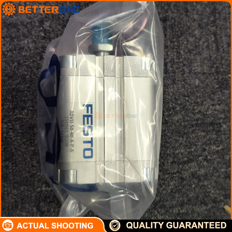 Festo ADVU-50-40-A-P-A (156641) ISO 21287 compact double-acting cylinder, 50mm bore, 40mm stroke, M12x1.25 male rod thread, magnetic piston for proximity switch sensing, elastic cushioning both ends, 0.8–10 bar