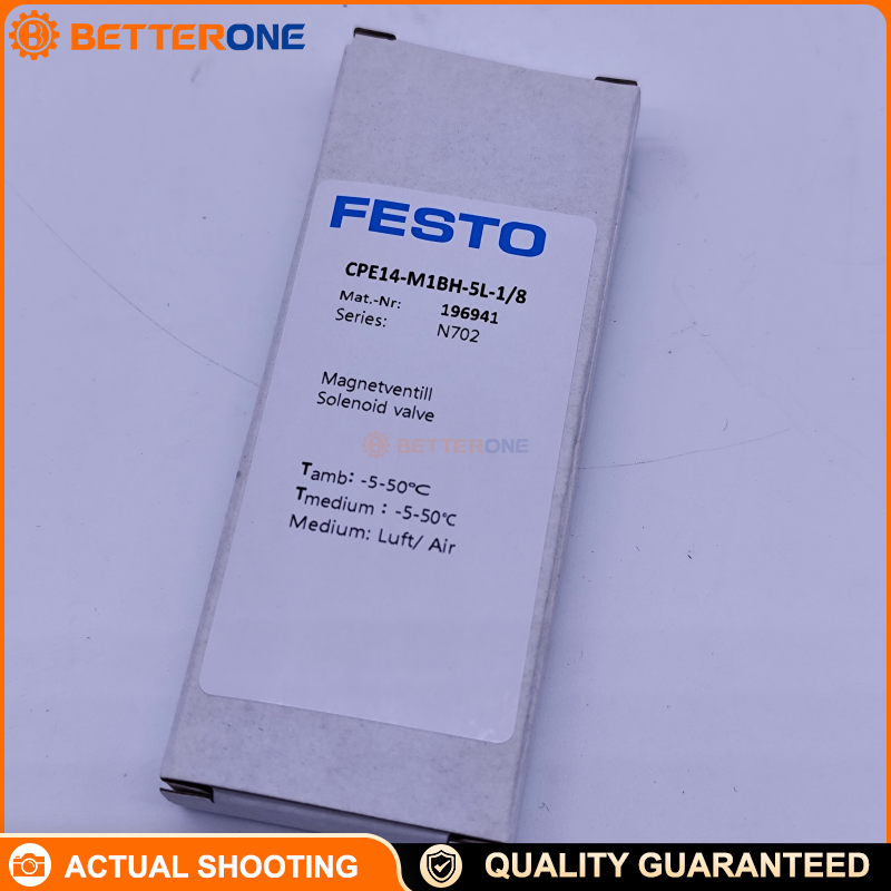 Festo CPE14-M1BH-5L-1/8 (196941) Solenoid Valve, 5/2-way monostable, 24V DC, 14 mm width, G1/8 ports, 800 L/min nominal flow, 3–8 bar, piston gate valve design, pneumatic spring return, for pneumatic automation control.