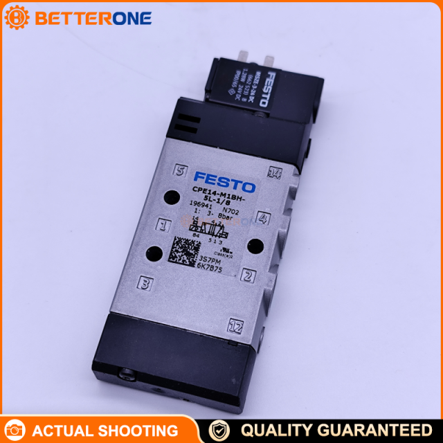 Festo CPE14-M1BH-5L-1/8 (196941) Solenoid Valve, 5/2-way monostable, 24V DC, 14 mm width, G1/8 ports, 800 L/min nominal flow, 3–8 bar, piston gate valve design, pneumatic spring return, for pneumatic automation control.