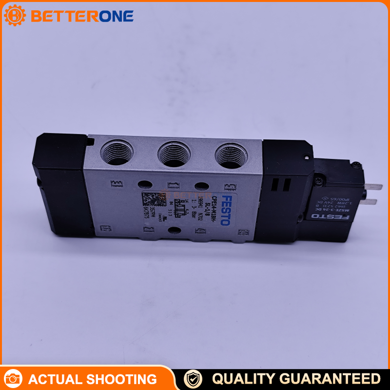 Festo CPE14-M1BH-5L-1/8 (196941) Solenoid Valve, 5/2-way monostable, 24V DC, 14 mm width, G1/8 ports, 800 L/min nominal flow, 3–8 bar, piston gate valve design, pneumatic spring return, for pneumatic automation control.