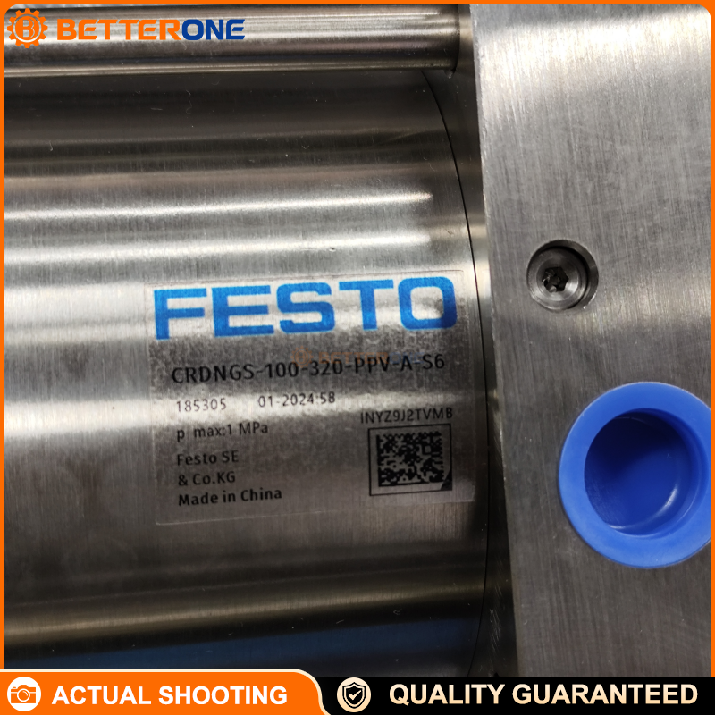CRDNGS-100-320-PPV-A-S6 is a Festo ISO 15552 stainless steel double-acting cylinder (100 mm bore, 320 mm stroke) with PPV adjustable cushioning, A for proximity sensing, S6 seals for 0–120°C, and G1/2 ports—ideal for harsh/corrosive environments.