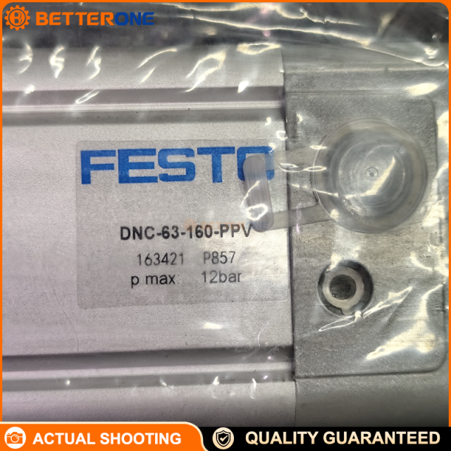 Festo DNC-63-160-PPV (163421) ISO 15552 standard cylinder, double-acting, 63 mm bore, 160 mm stroke, PPV adjustable pneumatic cushioning both ends, M16x1.5 male rod thread, 0.6–12 bar operating pressure, for automation clamping/pushing/positioning.