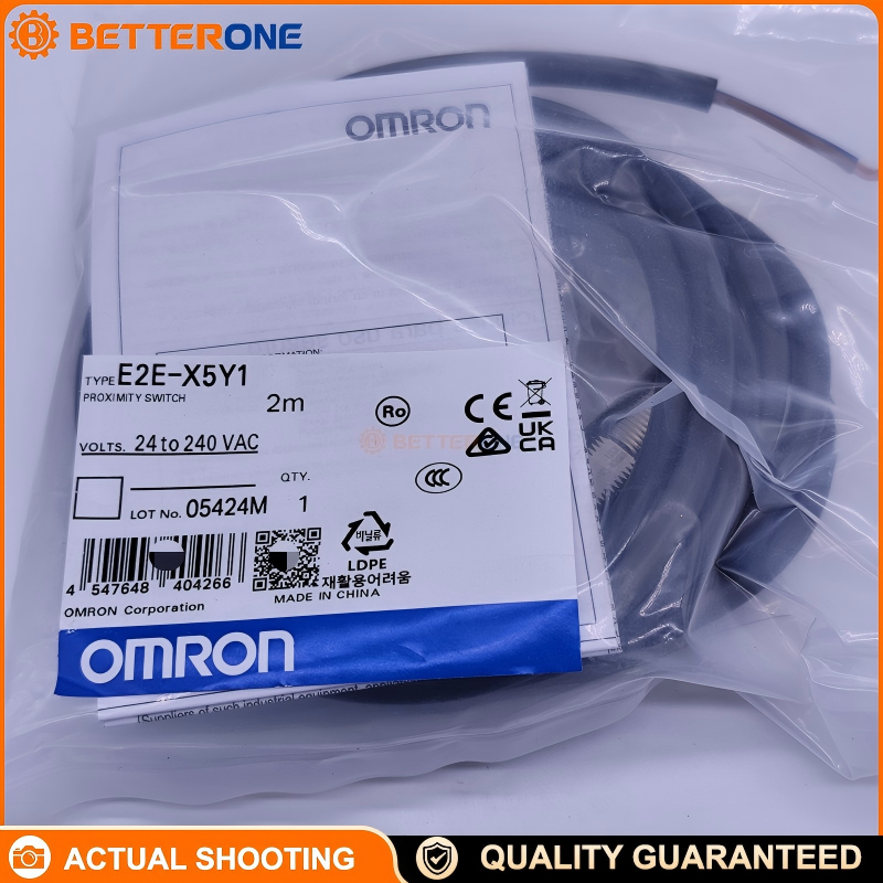 Omron E2E-X5Y1 Inductive Proximity Sensor, M18 flush/shielded, 5mm sensing, AC 2-wire NO, pre-wired 2m oil-resistant PVC cable, metal detection for industrial automation