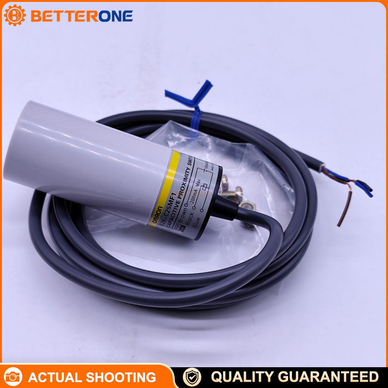Omron E2K-C25MF1 Capacitive Proximity Sensor, Cylindrical φ34 Unshielded, 25mm sensing (adjustable 3–25mm), DC 3-wire PNP NO, 2m pre-wired cable, 10–40VDC, IP66