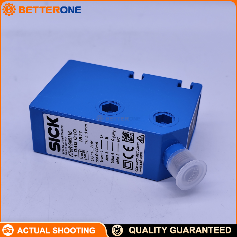 SICK KT6W-2N5116 Contrast Sensor (registration/print mark detection), RGB LED, ≤10 mm, NPN output, 10–30 VDC, 5 kHz, 100 µs response, M12 4-pin, IP67; ideal for packaging, printing, labeling.